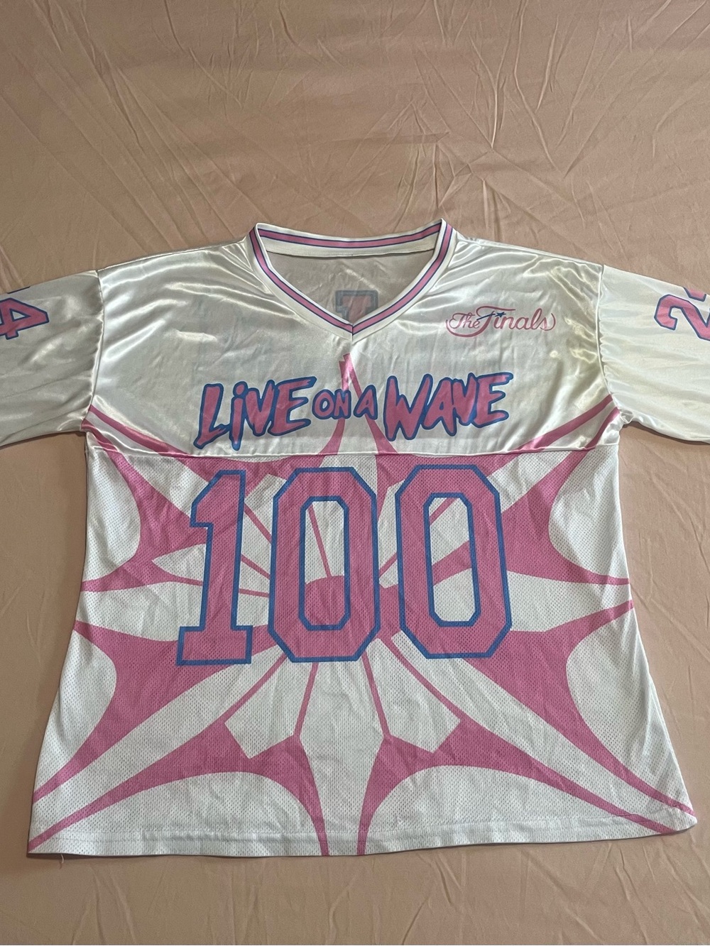 SHEIN Women’s Pink White Blue Graphic Jersey Top #100 V Neck Size Small
